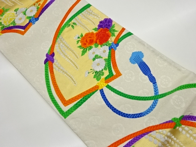 地紙に花々・組紐模様織出し袋帯